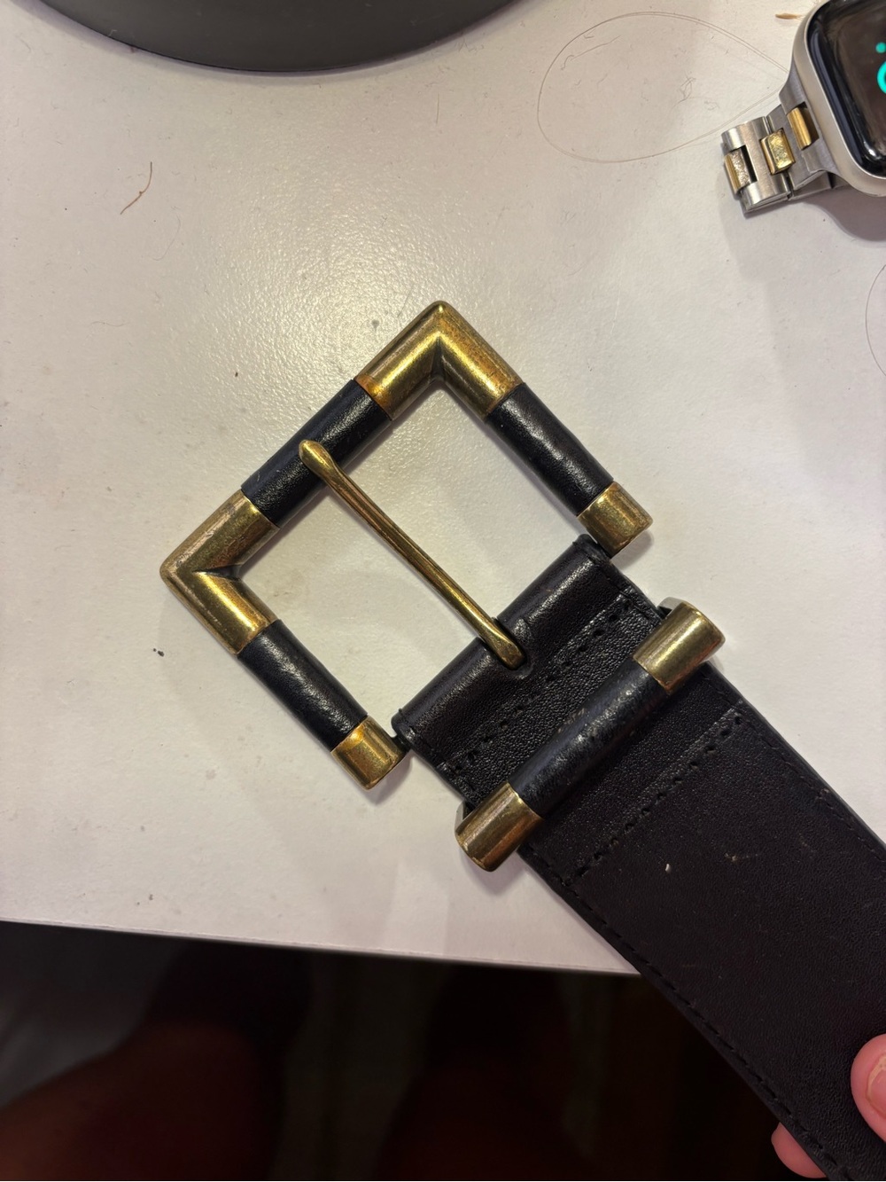 Black Leather Women's Belt with Gold-Tone Accent Buckle